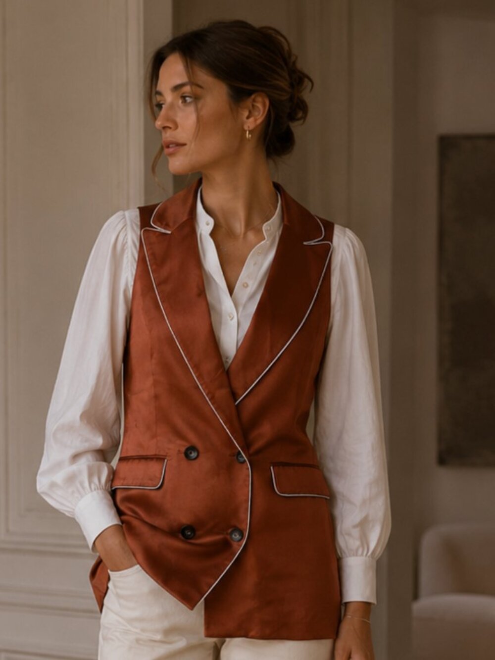 NWT JASON WU COGNAC WHITE SATIN MID-LENGTH SLEEVELESS BLAZER-VEST